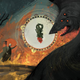 Solas walking down a burning path and a large black monster wolf.